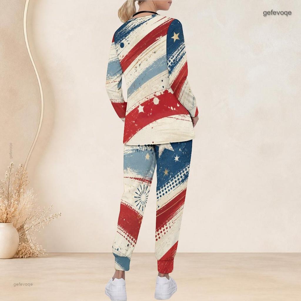 Women Plus Size V Neck Long Sleeve Scrub Set Vintage American Flag Star Stripe Print Nurse Uniform Set