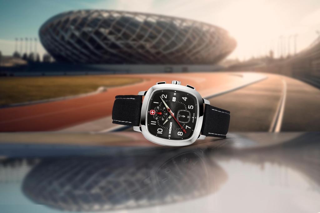 WENGER VINTAGE SPORT CHRONO Stainless Steel Case Black Black Recycled Quartz 50m Water Gift Idea Men's Watch, (316L)