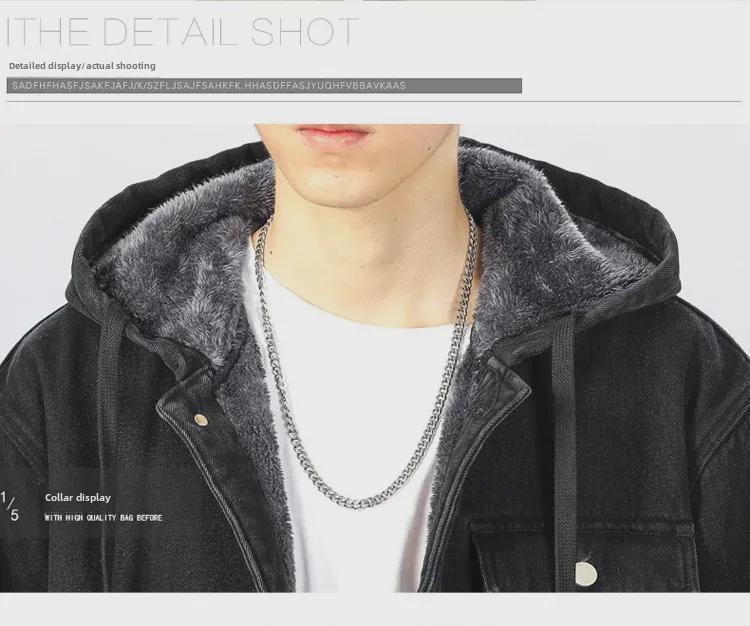 Men's Winter Fleece-Lined Loose-Fit Denim Jacket with Hood - Trendy Mid-Length Lambskin Windbreaker