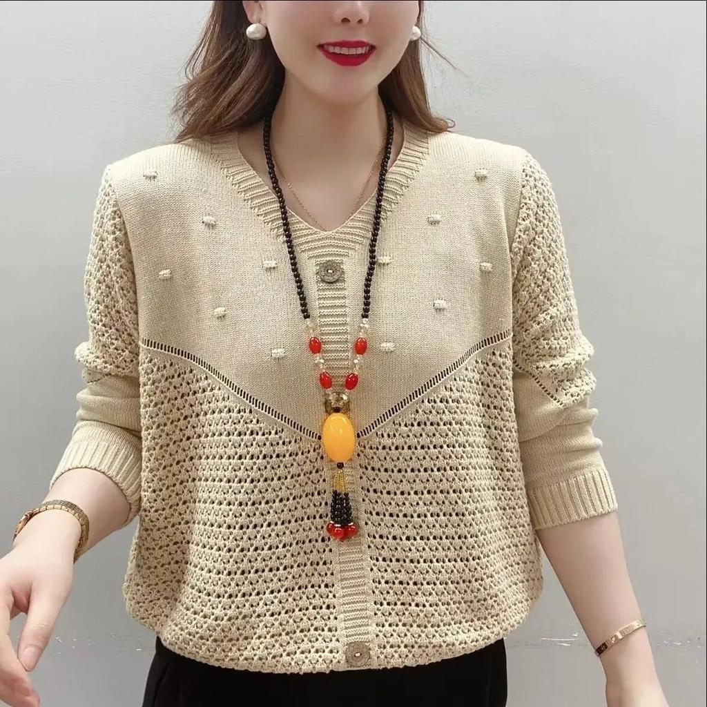 Spring Women's Knit V-Neck Loose Cover Hollow Sweater Versatile Style Long Sleeve Top