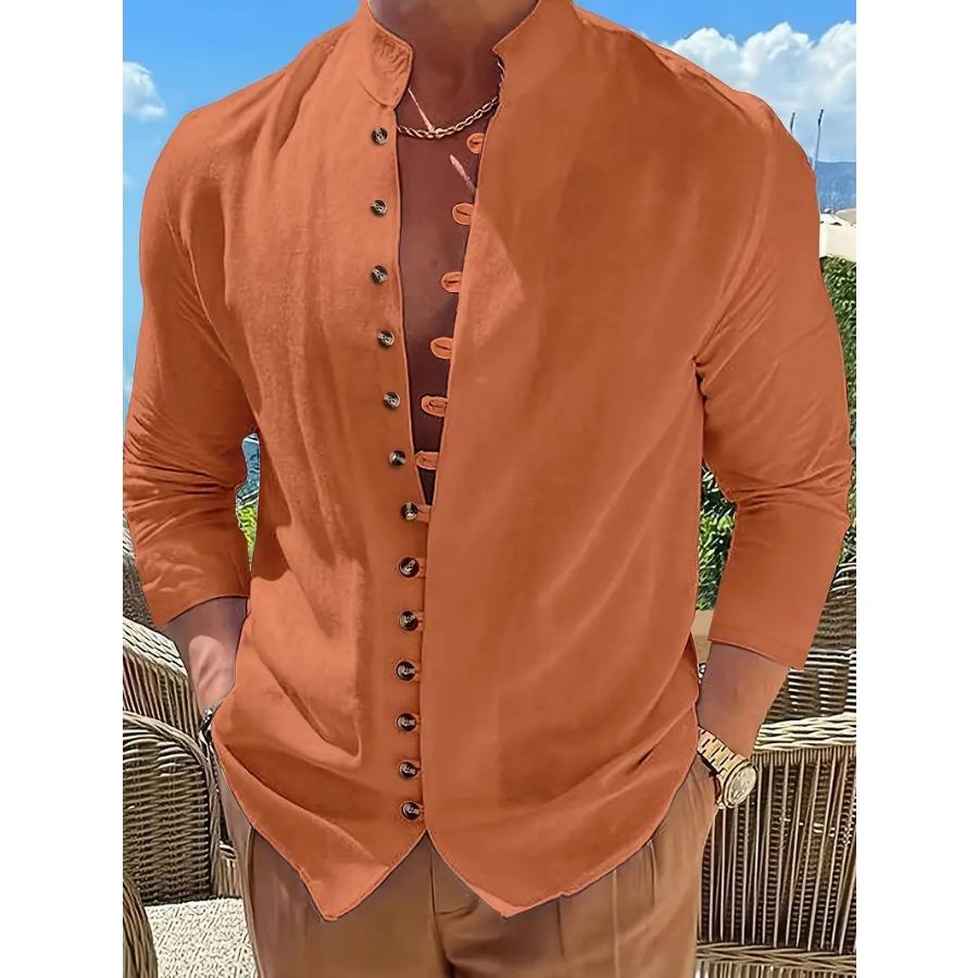 Camicia da uomo in cotone e lino, stile retrò, taglie forti, tinta unita, a maniche lunghe, con bottoni e collo alto, primavera autunno, all'aperto
