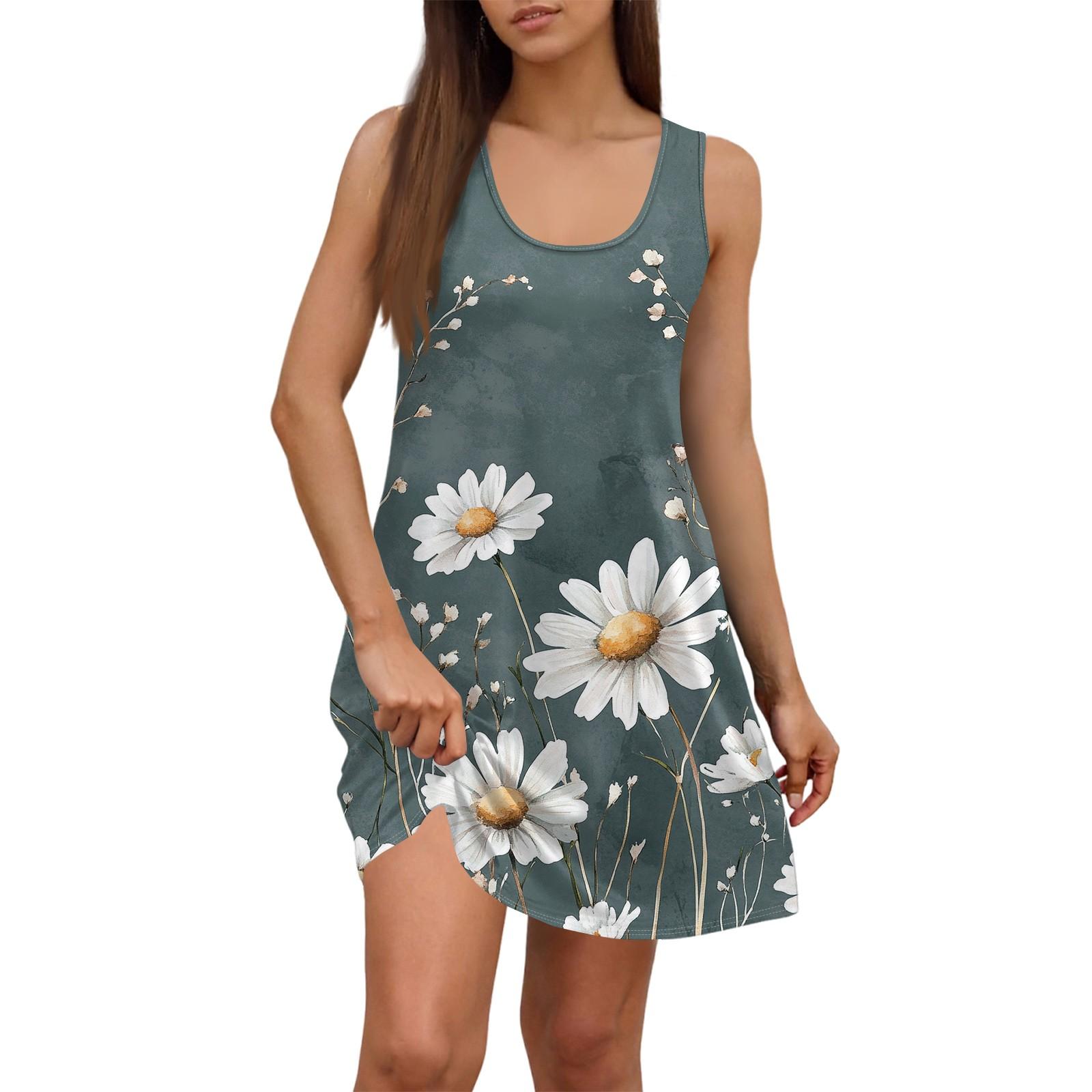 

Women s Summer Casual Square Neck Floral Print Dress Sleeveless Dress With Pockets XL хакі