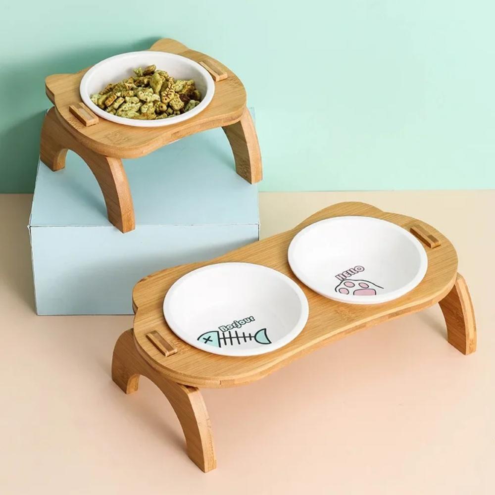 Wooden Ceramic Pet Bowl Cat and Dog Supplies Single Double Bowl with Oblique Mouth High Foot Leak Proof Pet Food Bowl and Feeder