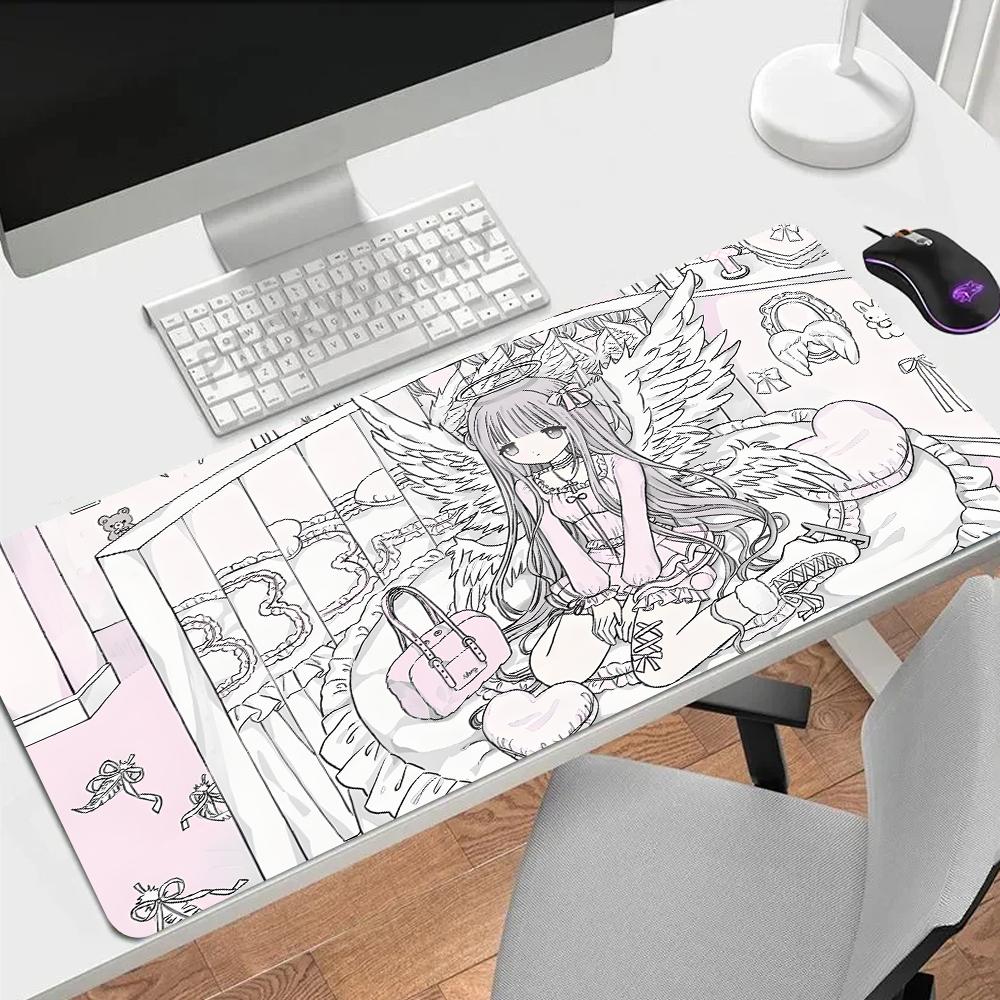 Anime Engel Meisje Muismat Xxl Antislip Gaming Bureau Mat Laptop Toetsenbord Lade Kantoor Pc Cartoon Gamer Zwart Wit Roze
