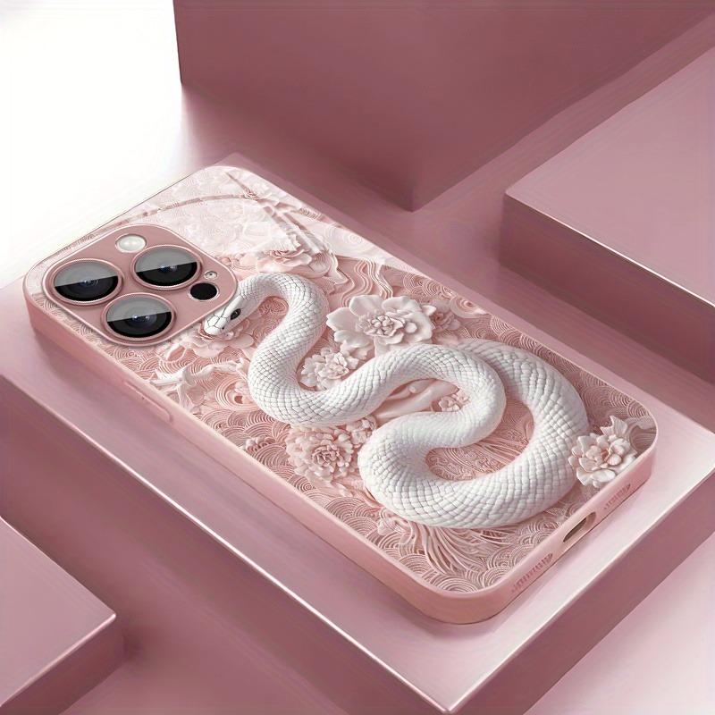 

White Snake Pattern Pink Metallic Paint Glass Hard Phone Case For iPhone 17 Pro Max 16 Plus 15 14 13 12 11 Pro 16E 17Air Cover iPhone17 Pro