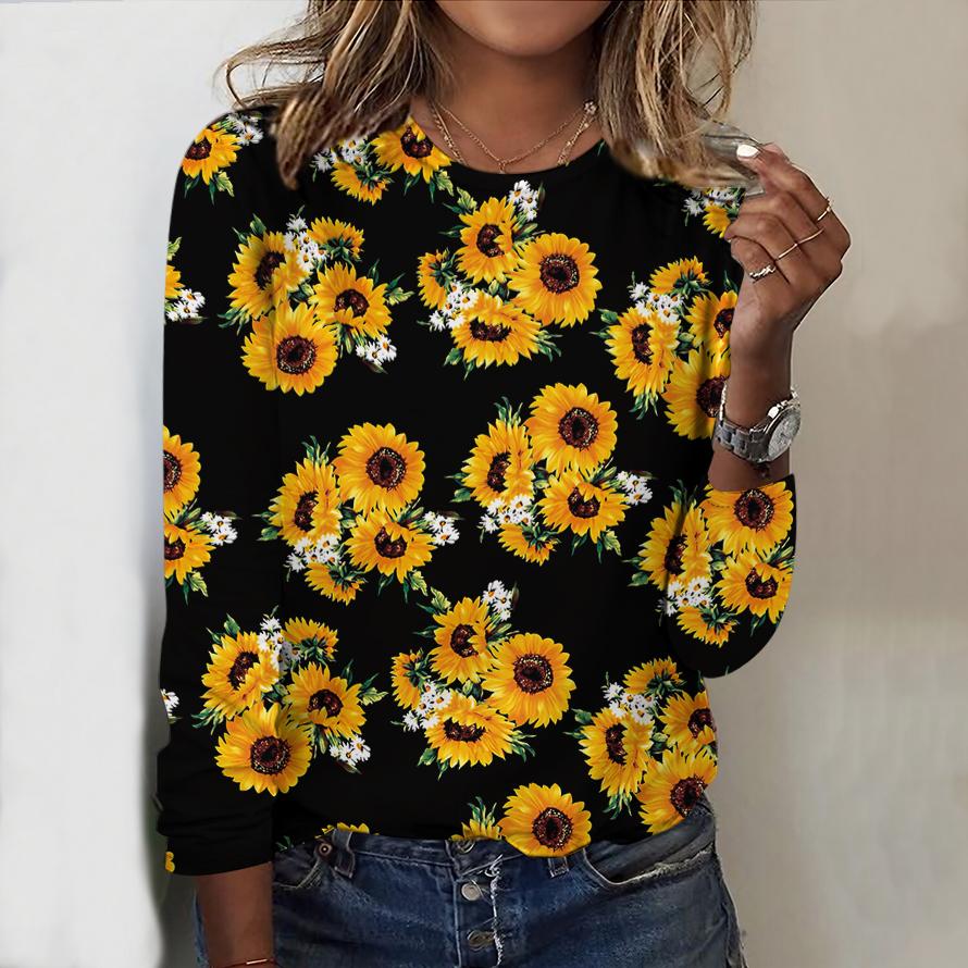 Oberteile für Damen Sonnenblumen- und Chrysanthemen-Druck Rundhals Langarm-T-Shirt Herbst Casual Slim Pullover Damen Langarm-Oberteil