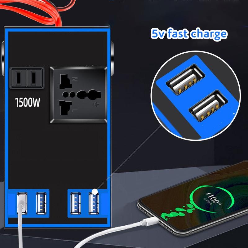 Car Power Inverter Cigarette Lighter Socket Quick Charge 12V/24V To 220V Car Splitter with 4 USB Ports 1500W