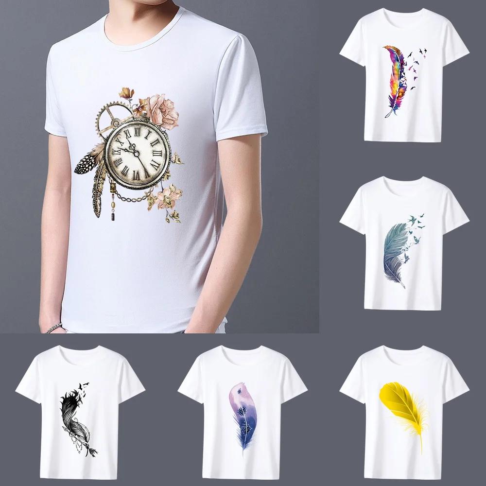 Fashionable Men's Classic White T-shirt Feather Print Graphic Print Series Casual O-neck Commuter Comfortable Men's Slim Shirt