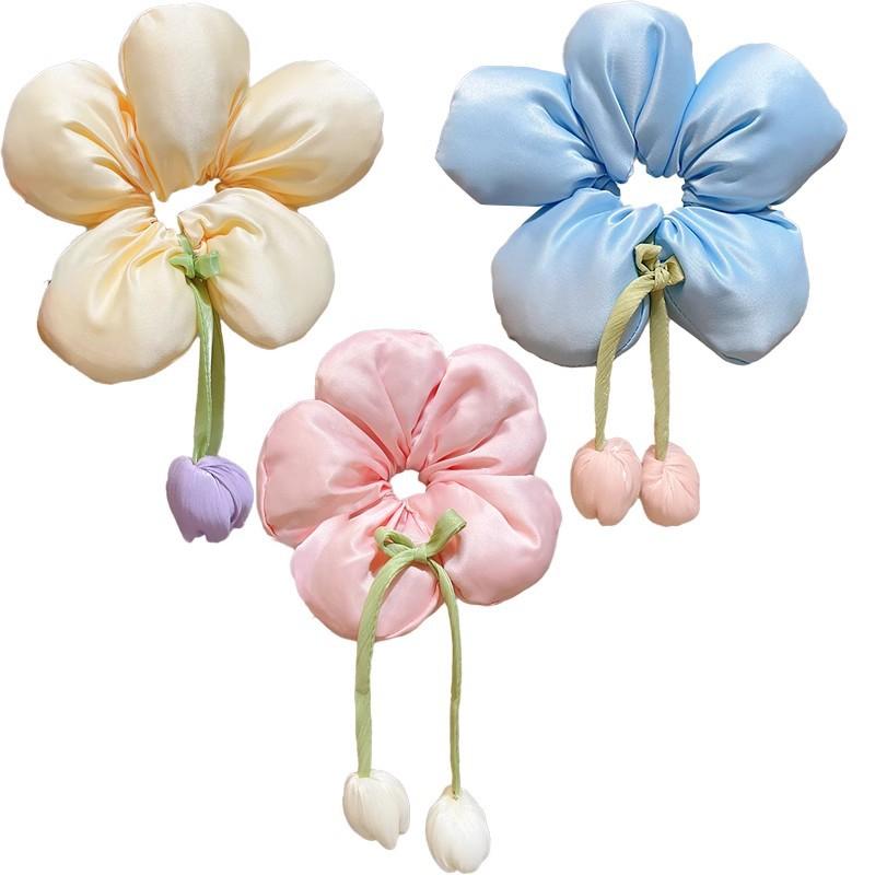 Sweet Gentle Women Tulip Flowers Ribbons Hair Scrunchies Fairy Bowknot Streamers Hair Ribbons Ponytail Holder Hair Accessories