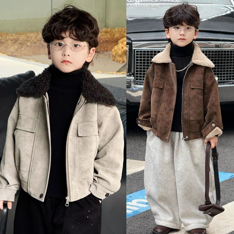 Stylish Thickened Jacket for Boys: Children's Retro Fur-Collared Thickened Cotton Coat