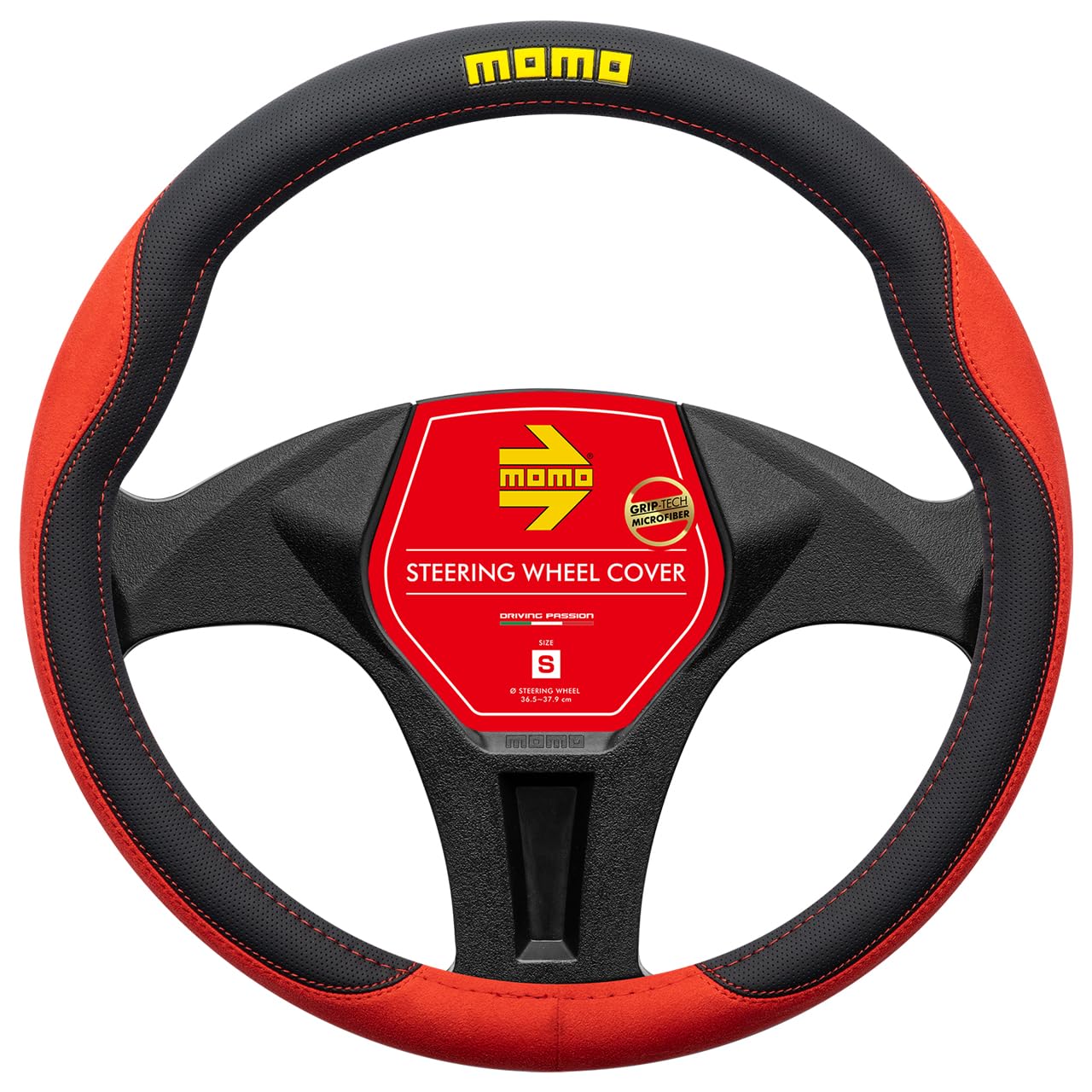 

MOMO Comfort Microfiber Steering Wheel Cover, Italy, Milan, Size Small, Black & Red with Red Stitching
