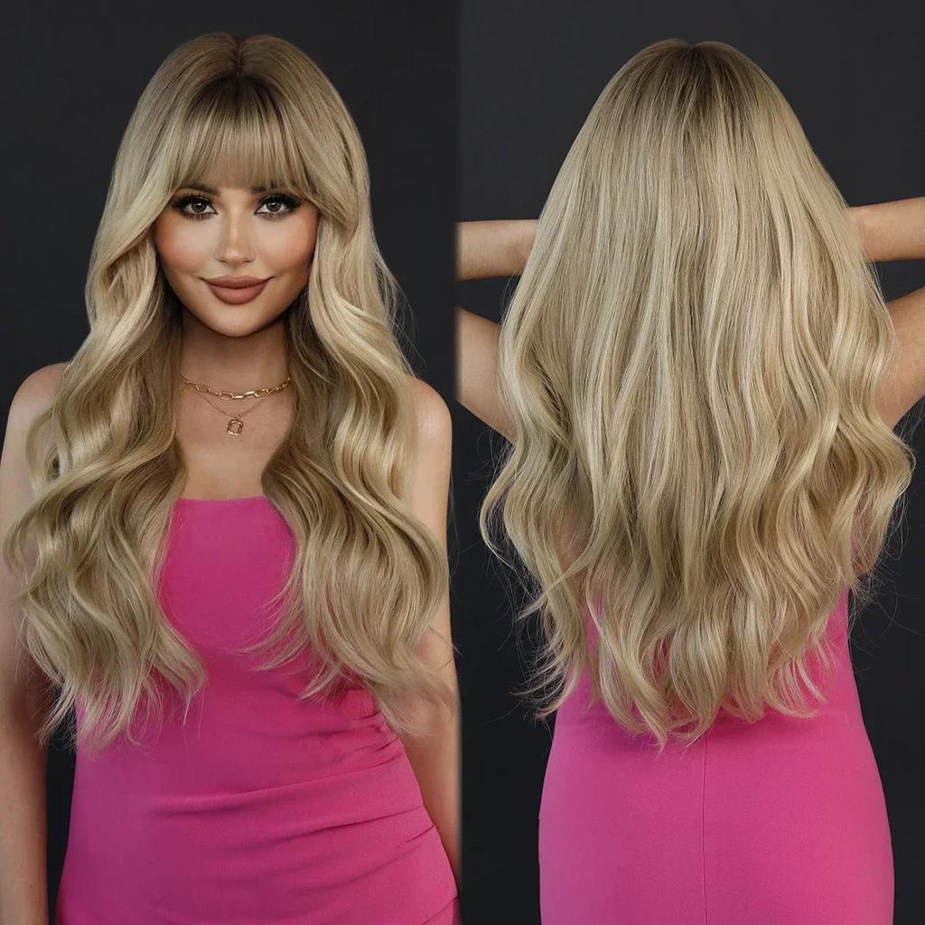 Professional  Loose Long Body Wavy Orange Wig for Women Daily Use Fashion Synthetic LightOrange Curly Hair Wigs with Bangs High Density 28Inch