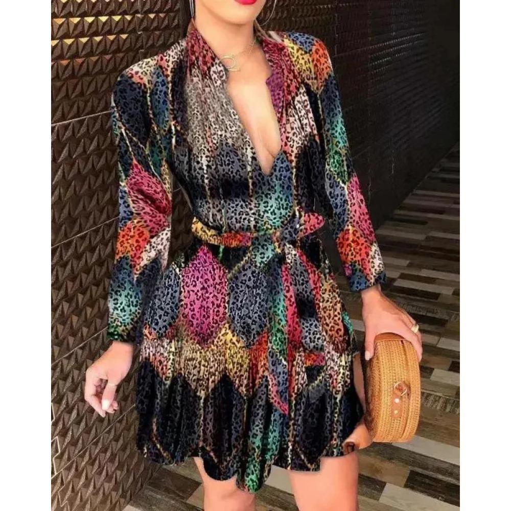 Summer New Women's Long Sleeve V-Neck Tied Fashionable Sexy Printed Dress