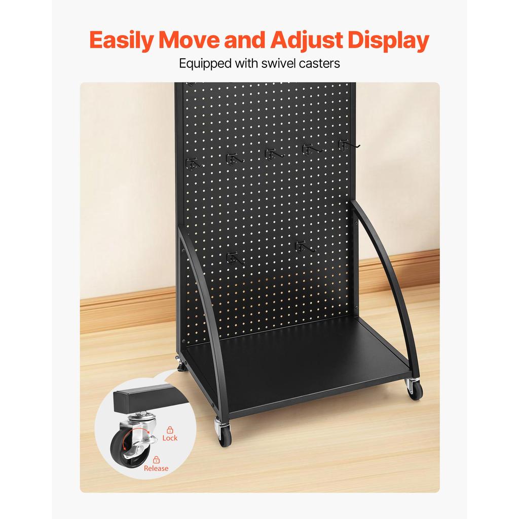 SucceBuy Standing Pegboard Display with Casters & 30 Hooks Thickened Steel Peg Board Panel for Retail Store Jewelry Shop