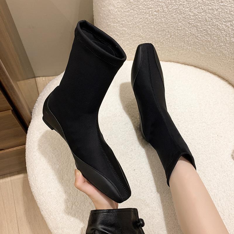 Show Thin~ Minimalist Style Square Head Elastic Boots Women's Autumn and Winter New Low-heeled Short Boots Thin Boots