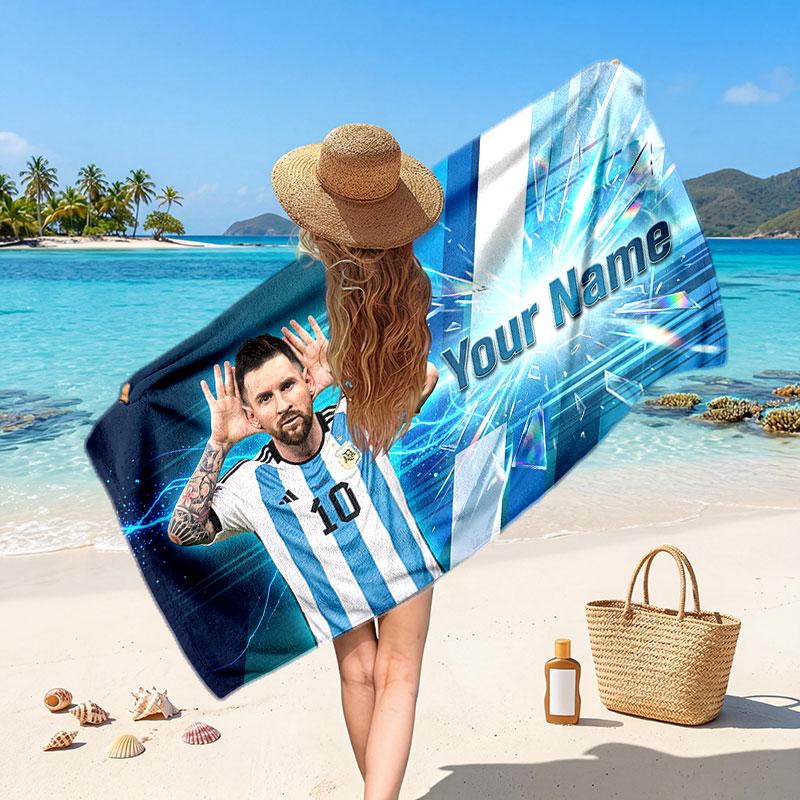 Lionel Messi Individuelles Strandtuch, Personalisierter Name Textdruck, Fußball Logo Weiches Schnelltrocknendes Handtuch Urlaubsgeschenk