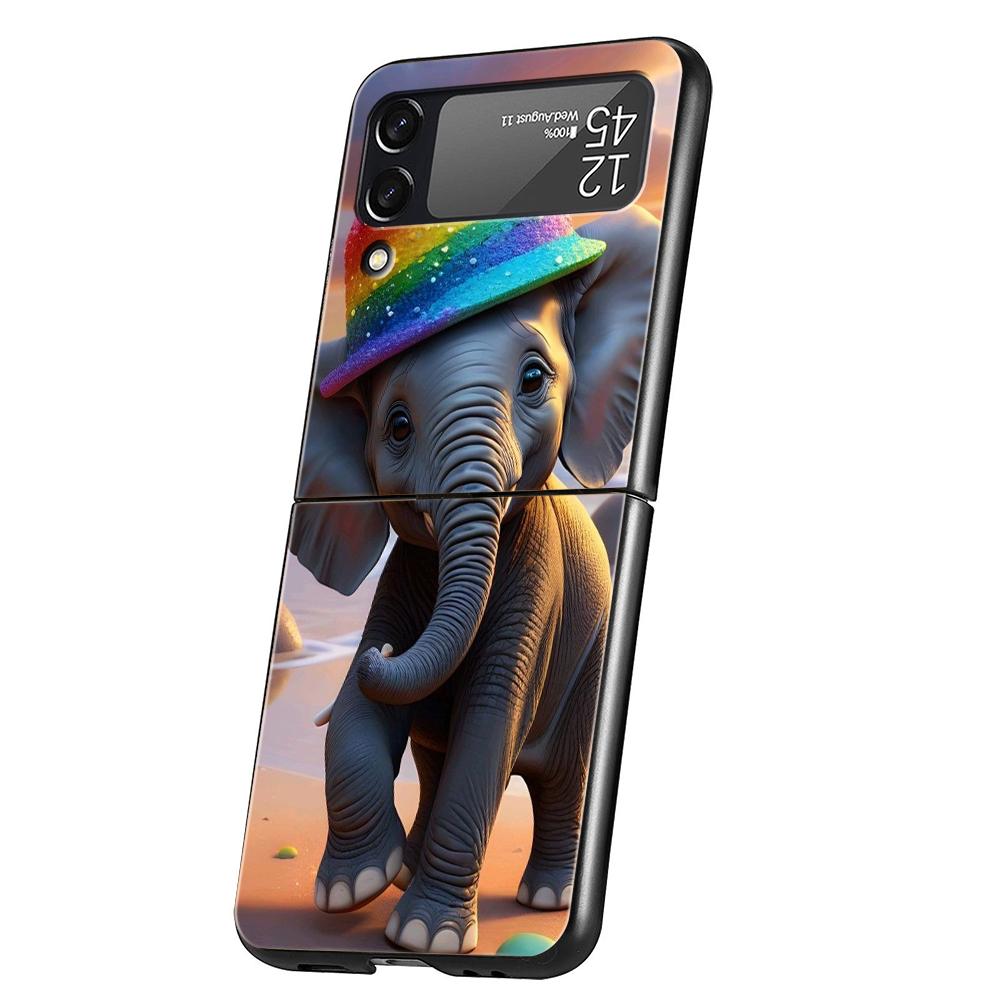 Hard PC Phone Case For Samsung Galaxy Z Flip 7 6 5 4 Black Cover For Galaxy Z Flip 3 Foldable Shockproof Capas Animal Elephant