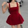 Women's Red A-line Dress: French Heiress Style, Bow Backless, Spaghetti Straps, Waist-Cinching, Fluffy Skirt