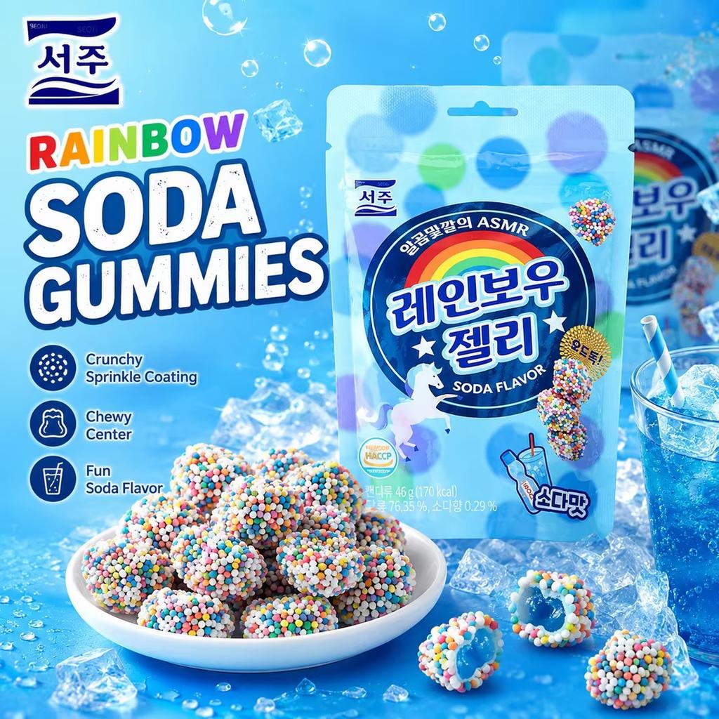 SEOJU Regenbogen-Limonaden-Geschmacks-Gummibärchen 46g | Knusprige Regenbogen-Streusel-Ummantelung, Erfrischender Limonaden-Geschmack, Doppelte Knusprigkeit und Kaubarkeit