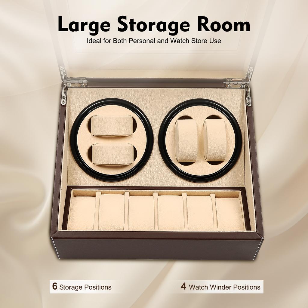Automatische Uhrenbeweger Box, 6 Aufbewahrungsfächer + 4 Aufzugfächer, PU-Leder 10-Uhren-Gehäuse mit leisem Motor, für automatische mechanische Uhren Dis