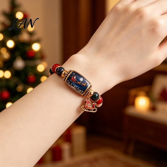 Metal Pendant Bracelets Christmas Story Beaded Bracelet, Bracelet with Santa Reindeer Snowman House Candy Women Cane Tree Pattern, Elastic Colorful