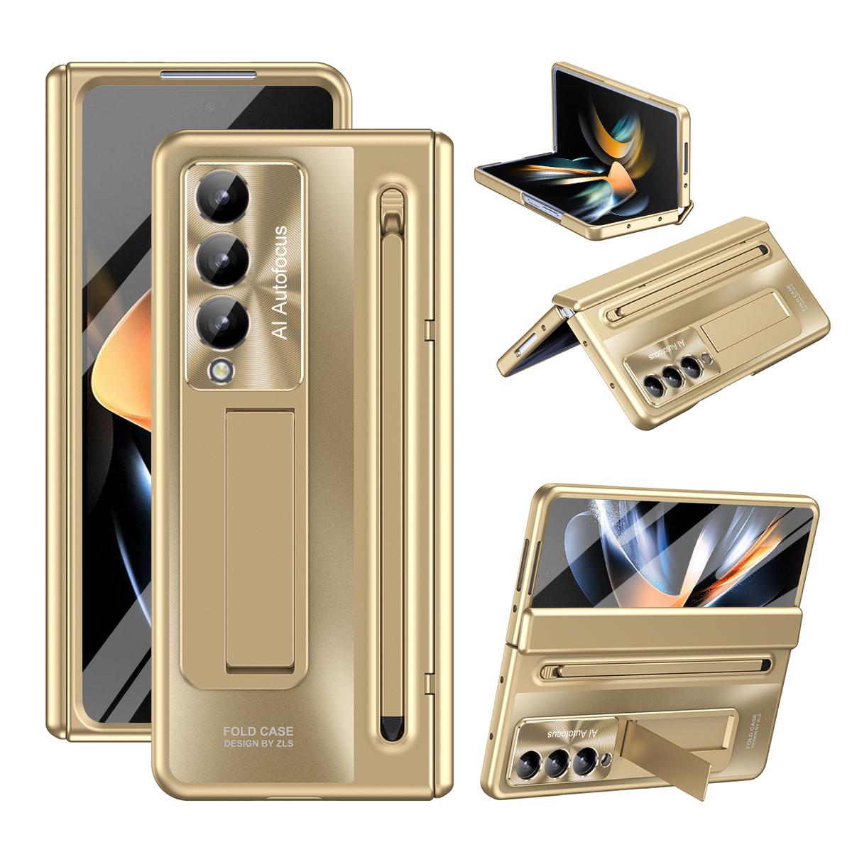 

For Samsung Galaxy Z Fold4 5G Kickstand Case Hinge PC Phone Cover with Tempered Glass Film,Stylus Gold