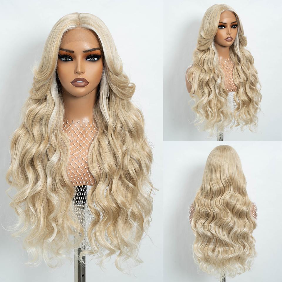 Synthetic Body Wave Lace Front Wigs For Women 28 inch Omber Blonde Black Lace Frontal Wigs Heat Resistant Fiber Cosplay Wig