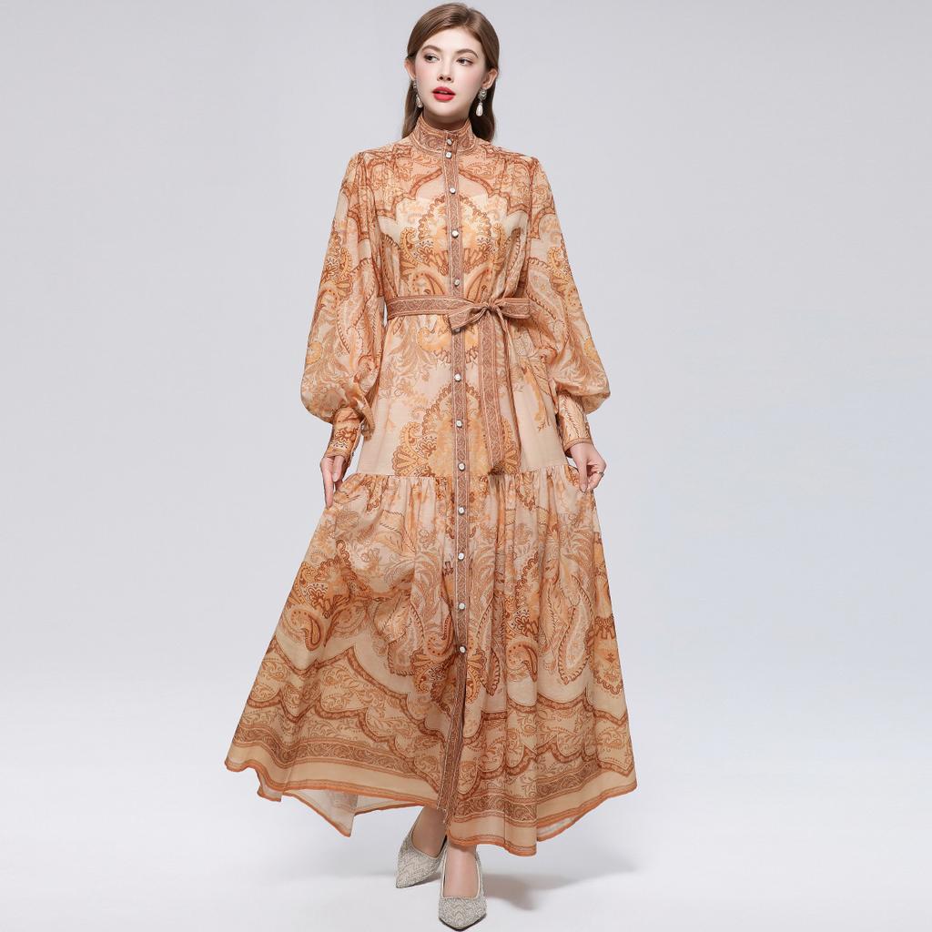 Women's Floral Pattern Printed Stand Collar Lantern Sleeve Holiday Dress Summer Autumn New Fashion Vintage Chiffon Long Maxi Dress