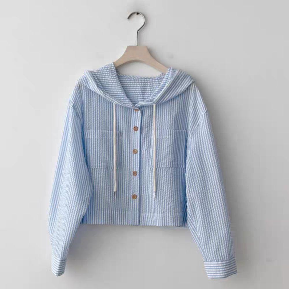 Sunscreen Long Sleeved Shirt Retro Sweatshirts for Women All-match Striped Hooded Shirt Spring