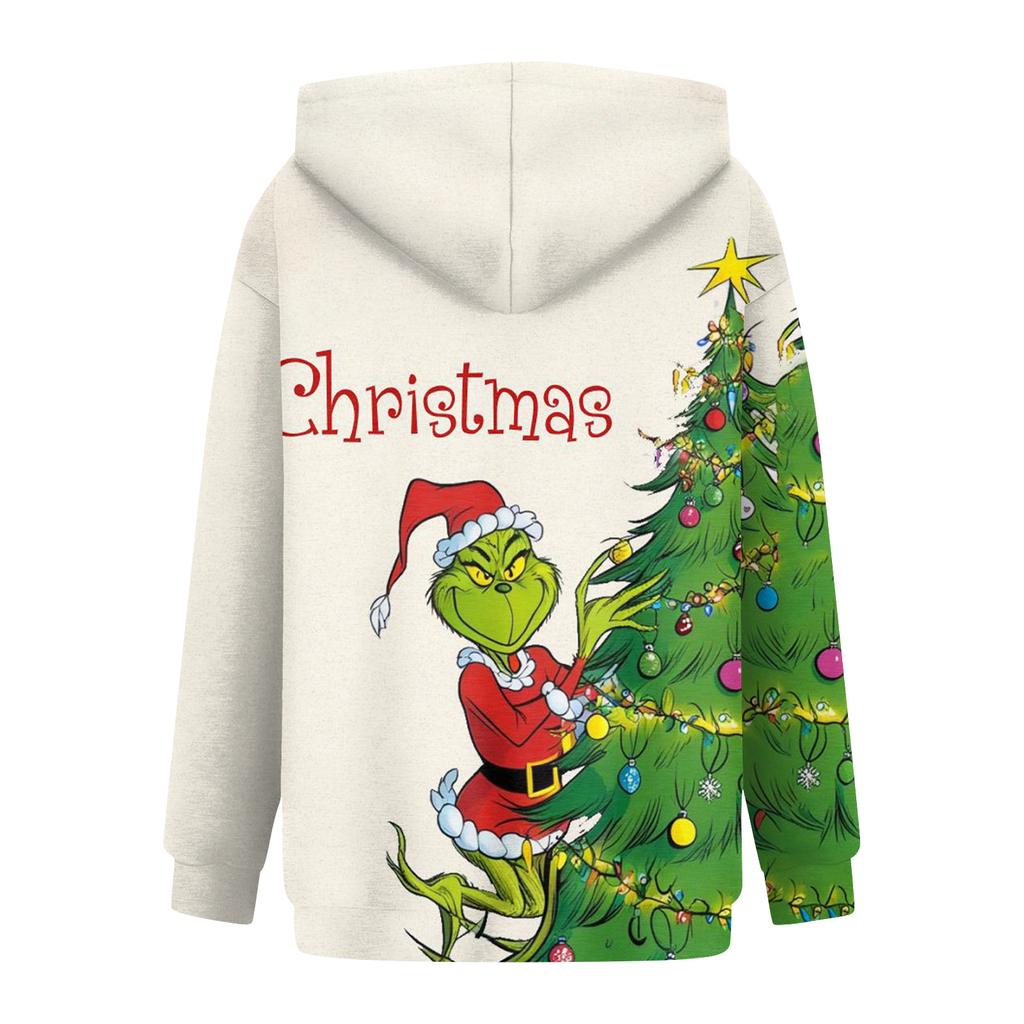 Ladies' Christmas Greentown Print Casual Long Sleeved Hooded Sweatshirt Top