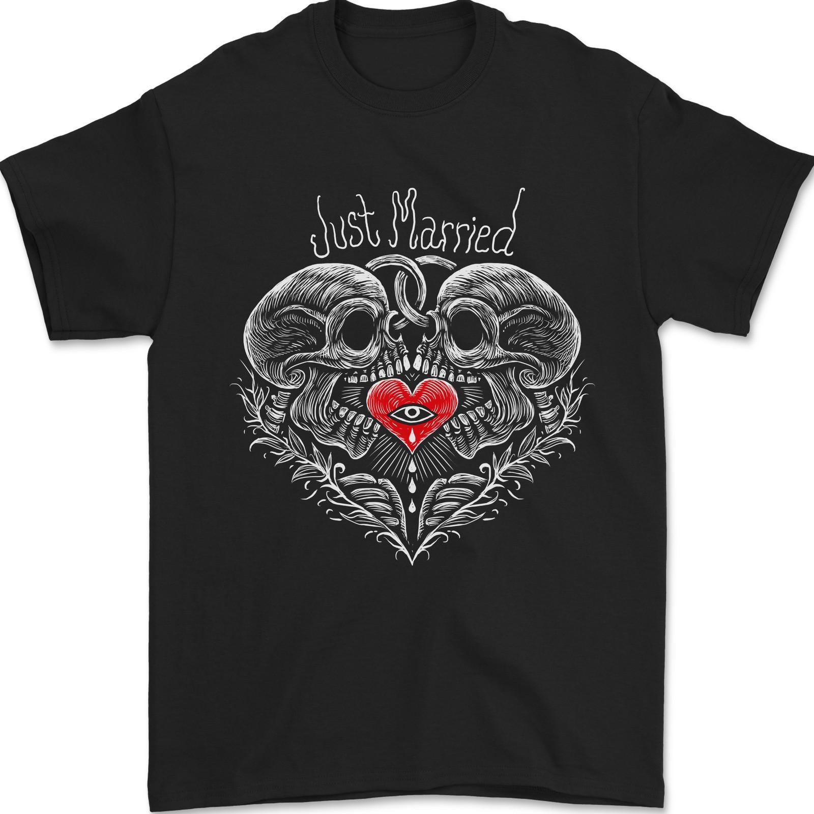 Just Married Skulls Gothic Marriage Goth Mens T-Shirt 100% Cotton 3XL