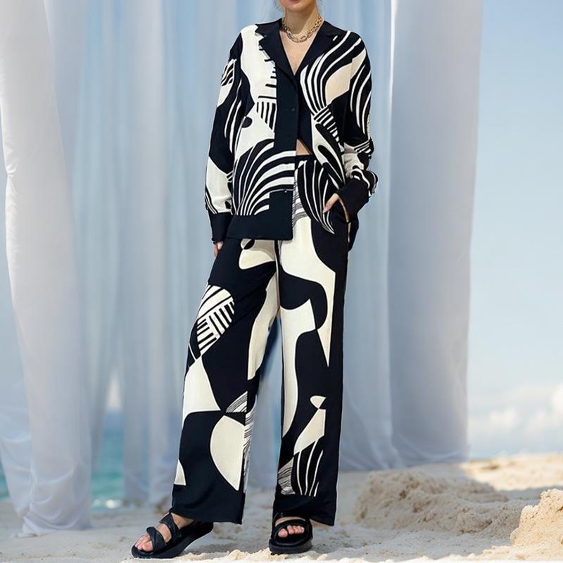 European & American Women's Graffiti Lapel Shirt and Long Sleeve Fashion Two-Piece Set