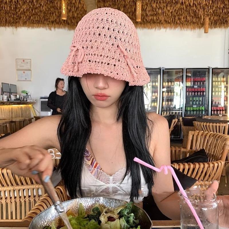 Bow Fisherman Hat Children's Summer New Knitted Mesh Bucket Hat Straw Woven Breathable Basin Hat