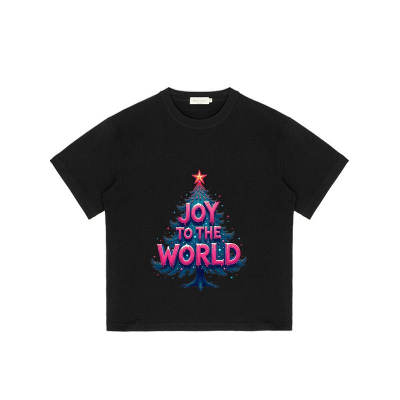 Black T-Shirt Joy To The World Christmas Tree Print Holiday Party Wear