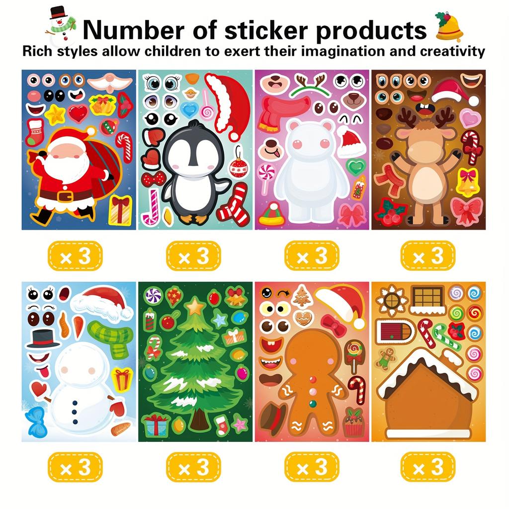 8/24Sheets Christmas Puzzle Stickers Santa Snowman Xmas Tree Make A Face Sticker Kids New Year Party Favors Toy Gift Decorations