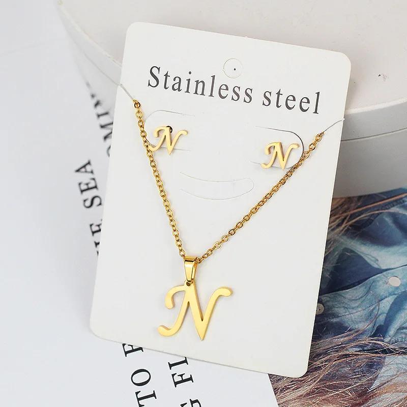 Stainless Steel Letter Necklace Bracelet Earring Zircon Set for Women Alphabet Pendant Necklace Party Gift