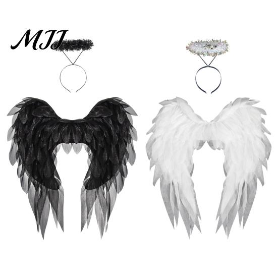 Elastic Strap Angel Wings Feather Wing for Women Girls, Soft Organza Costume Accessory Fluffy with Headband Photo Booth, Halloween Cosplay Party,