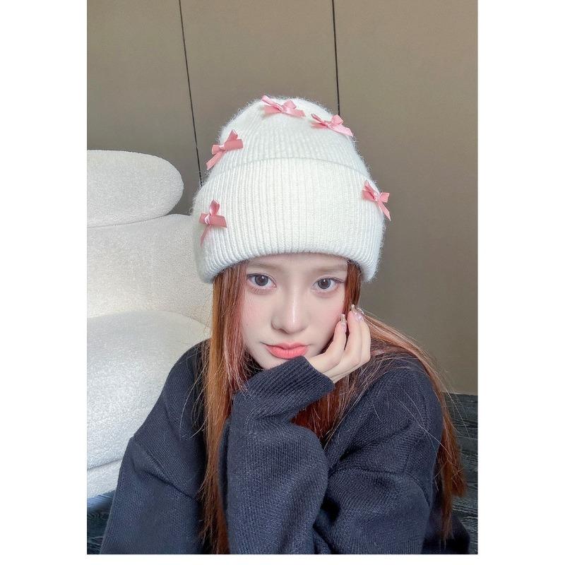 Autumn and Winter Japanese Cute Sweet Bow Rabbit Hair Blended Wool Hat Korean Style Fashionable Warm Knitted Ear Protection Cold Hat