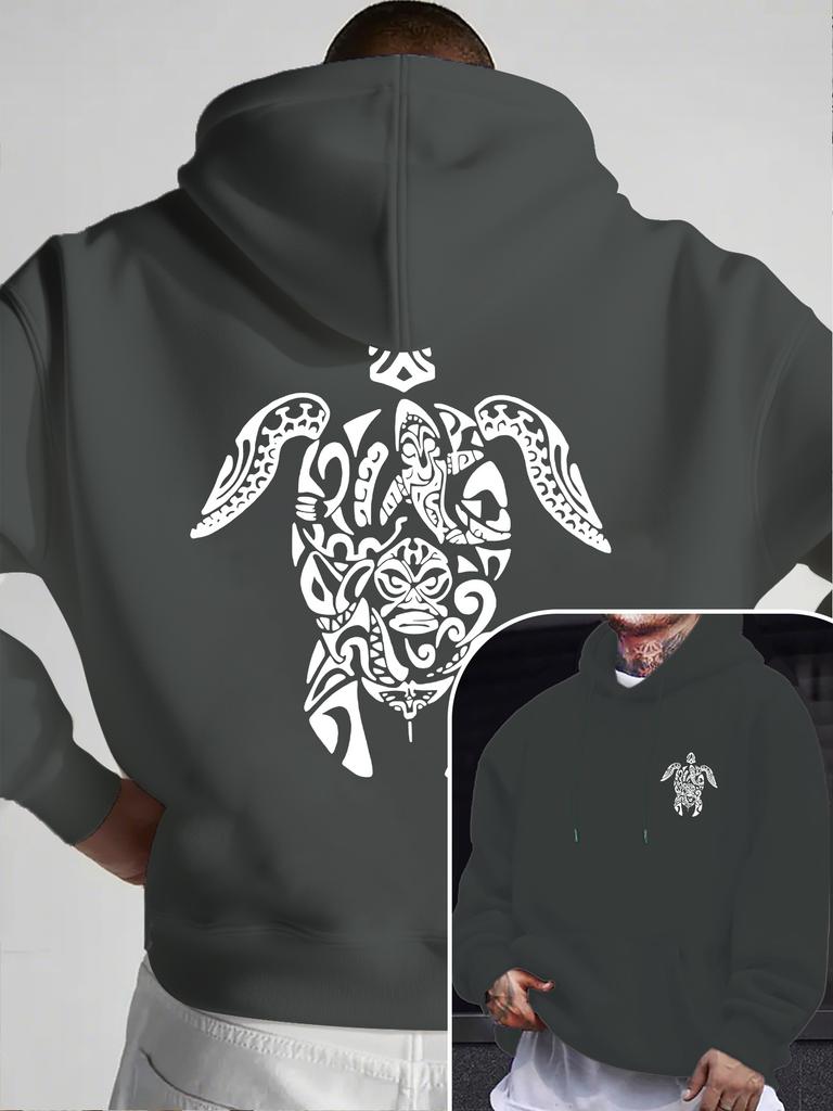 Sweat à capuche Hip Hop Sportif pour Enfants Cool, Motif Tribal Rétro Tortue de Mer Impression Artistique Avant Arrière, Sweat à Capuche Lâche à Cordon de Serrage Pour Tenue Quotidienne
