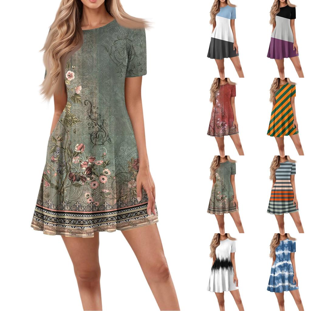 Women's Casual Fashion Round Neck Short Sleeve Print Short Dress