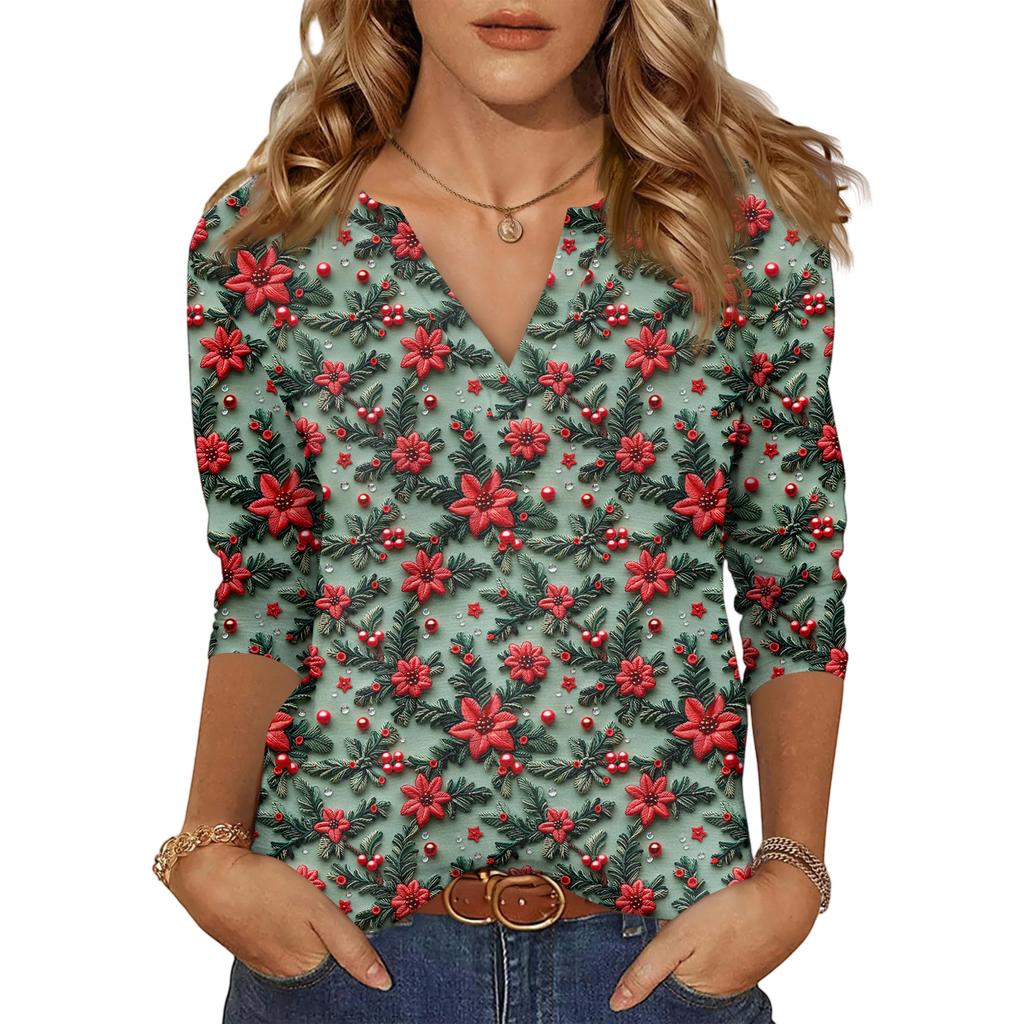 Women's Casual Fashionable Sexy Comfortable V-Neck Christmas Three-Quarter Sleeve Top