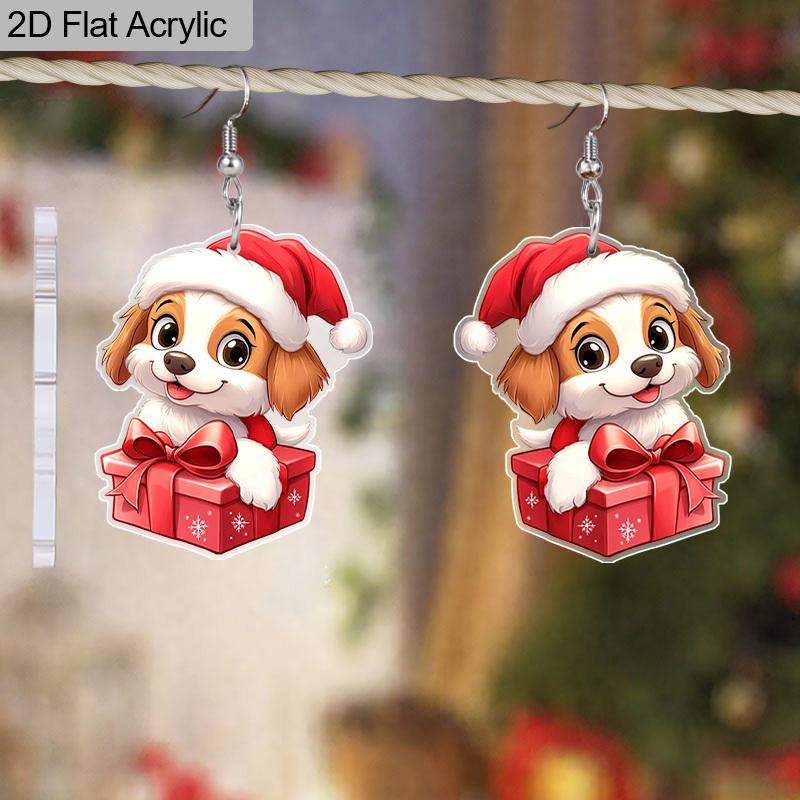 2D Flat Christmas Earrings  Acrylic Gift Box Dog Pattern Earrings Women's Holiday Party Accessories Christmas Outfit Accessories Jewelry Accessories