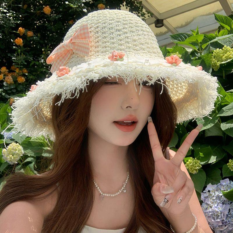 

Полосатая шляпа из плетеной соломы с бантом и цветком, с отверстиями, для женщин, летняя, для улицы, солнцезащитная шляпа, шляпа рыбака one size бежевый