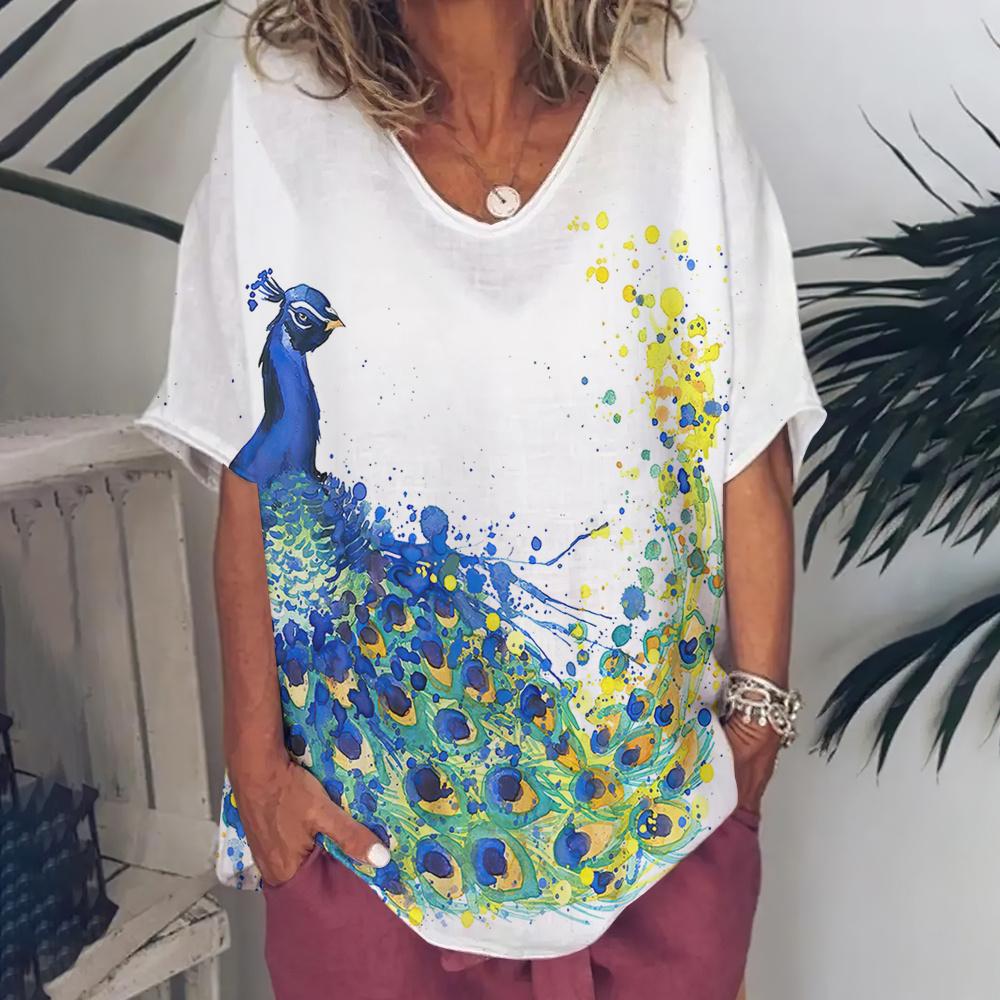 Fashion Women's T Shirt V-Neck Short Sleeve Top Women 3d Peacock Graphics Summer Plus Size Everyday Casual Female Clothing 5XL