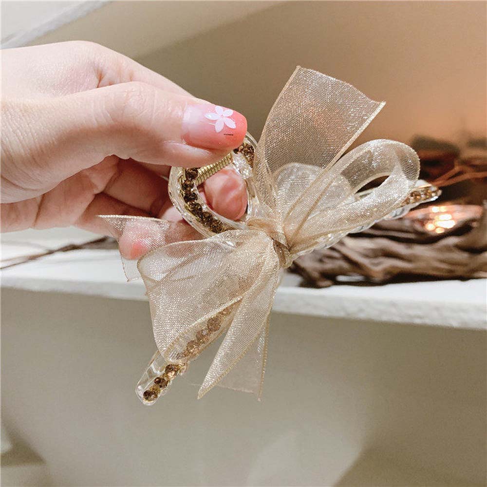 Wild Women Net Yarn Rhinestone Bow Knot Hair Accessories Grab Clip Hair Claw Hair Clip