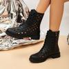 Fashion Spring New Cool Boots Women's Round Head Hollow Front Lacing Side Zipper Soft Sole Anti-slip Wear-resistant Low Heel Shoes