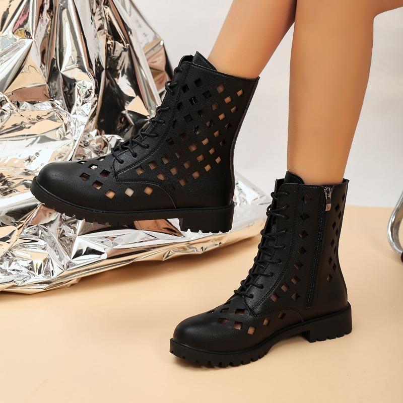 Fashion Spring New Cool Boots Women's Round Head Hollow Front Lacing Side Zipper Soft Sole Anti-slip Wear-resistant Low Heel Shoes