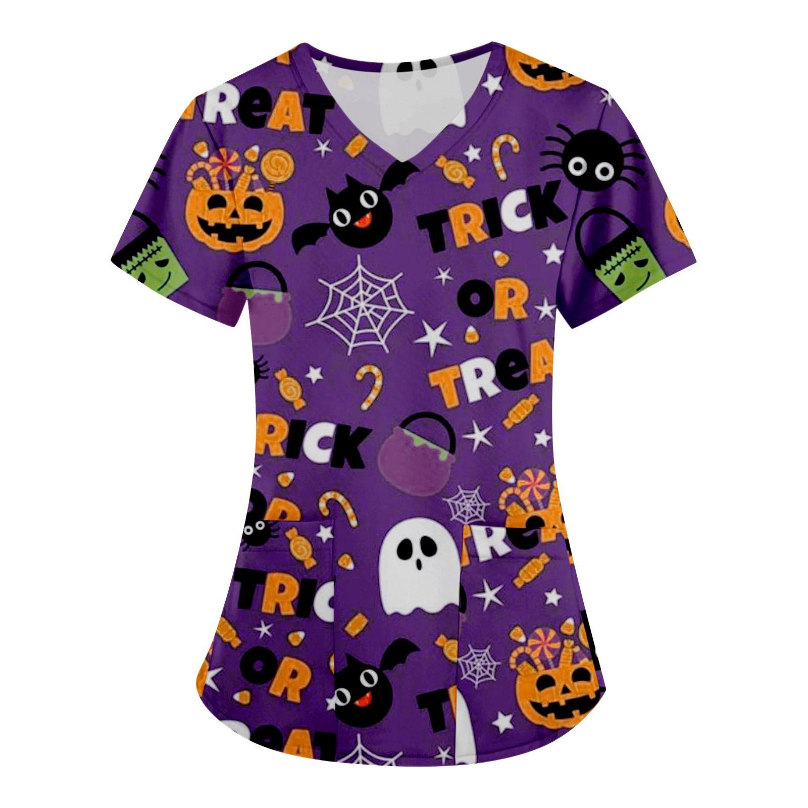 

Women Fashion Halloween Printing Short Sleeve V-Neck Tops Working Uniform Pocket Blouse XL фіолетовий
