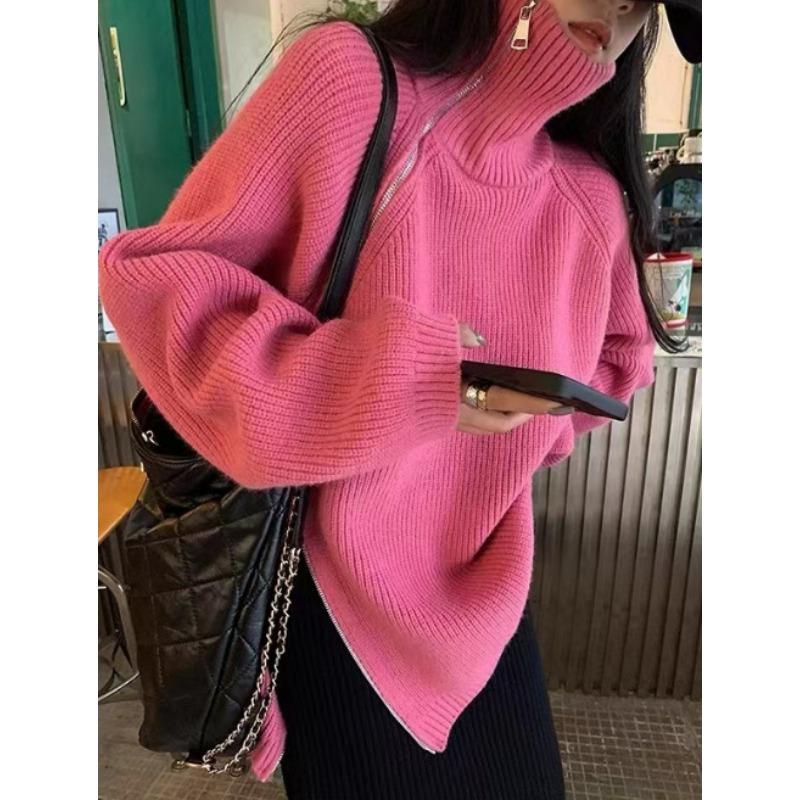 Новый свободный свитер средней длины с косым запахом на молнии с лацканами вязаный для женской осени и зимы женский кардиган для женщин One size розы красного 3490₽
