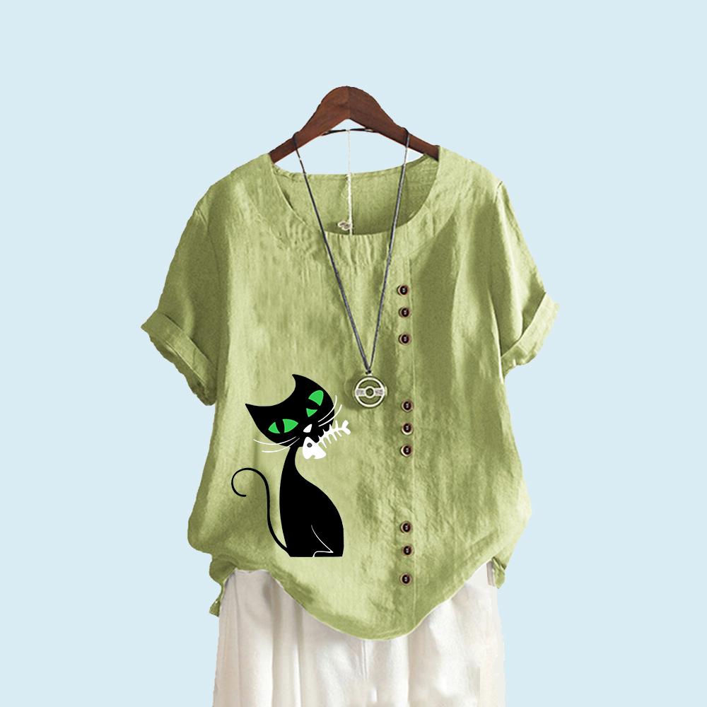 Tricou cu mânecă scurtă la modă pentru femei, vară și toamnă, ocazional, cu gât rotund, cu imprimeu de pisici, pulover, bluze de in, bumbac, liber